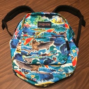 Jansport Backpack Sloth Riding Shark RARE